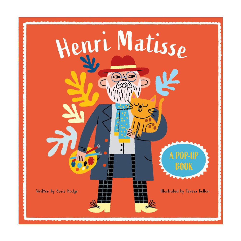 Book cover of 'Henri Matisse' pop-up book with colorful illustration of a man holding a cat on an orange background.