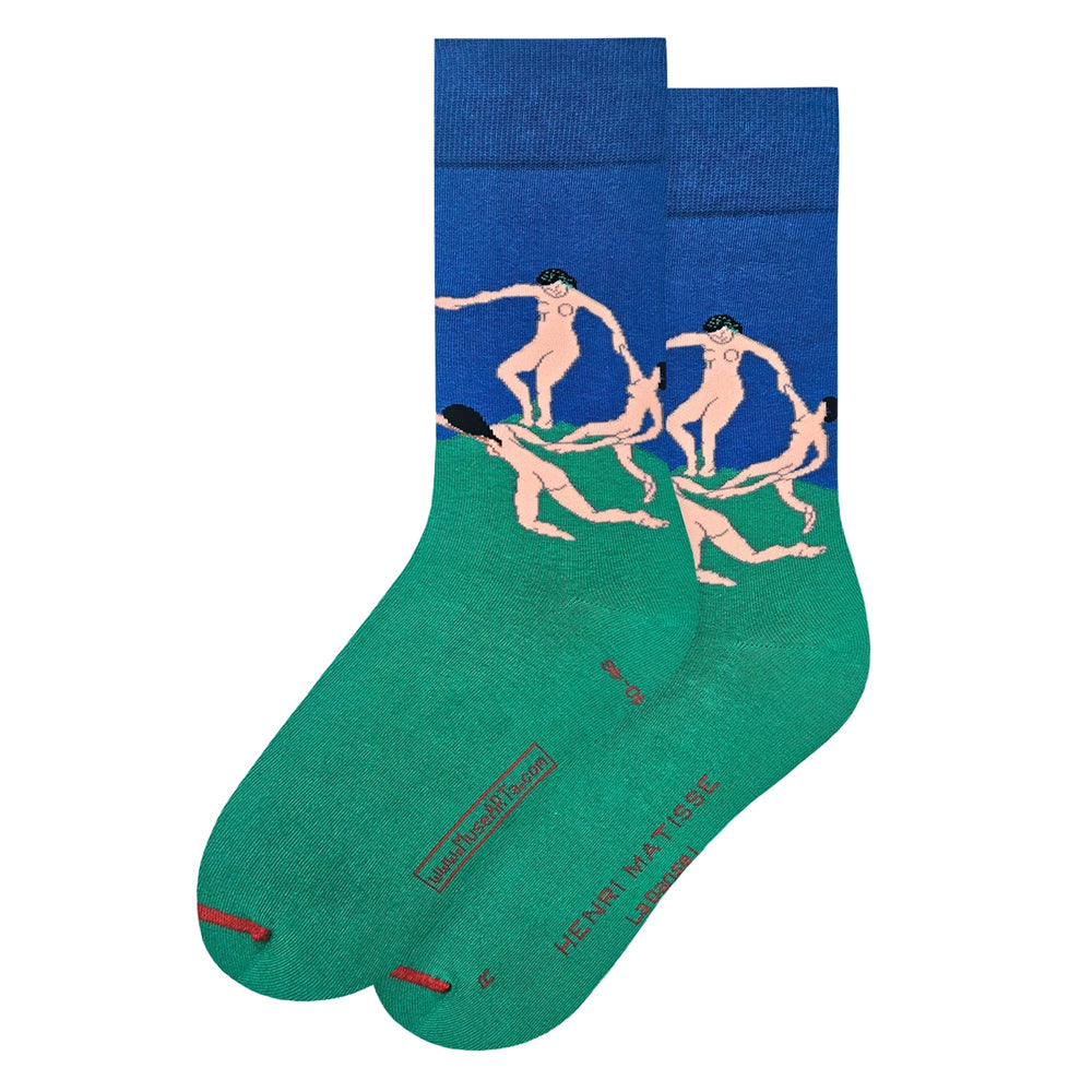 Green and blue socks with classical design on a white background