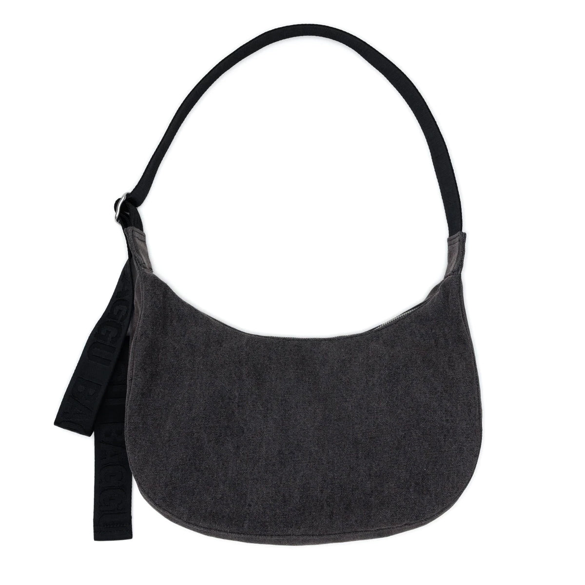 Washed black shoulder bag on a white background
