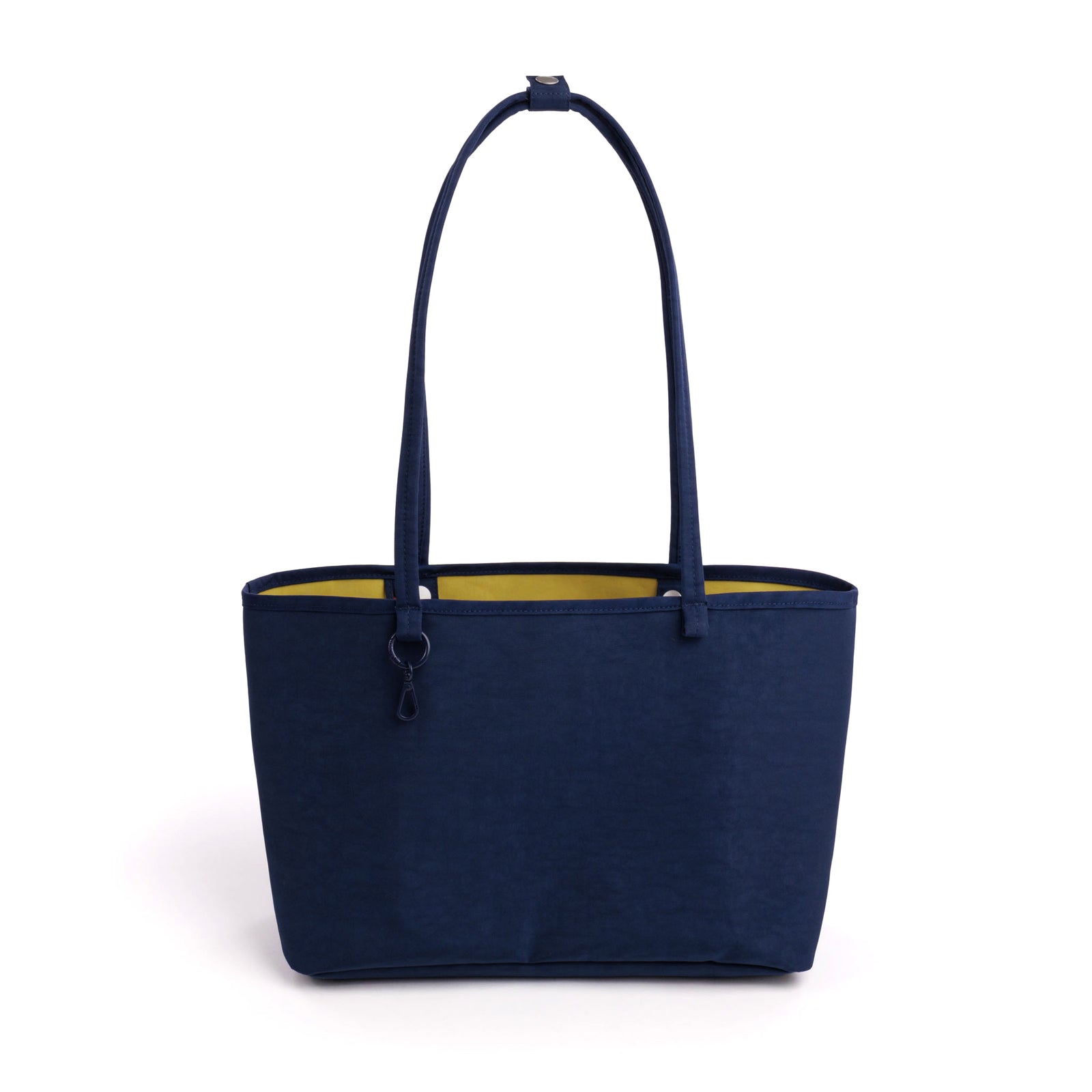 A navy blue nylon tote bag with long shoulder straps and a yellow interior lining, shown against a plain white background.