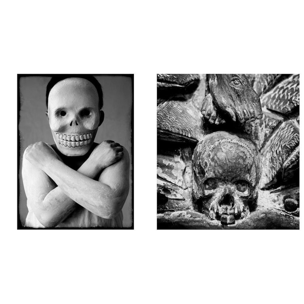 Man wears skeleton mask. Skull in harsh contrast black and white.
