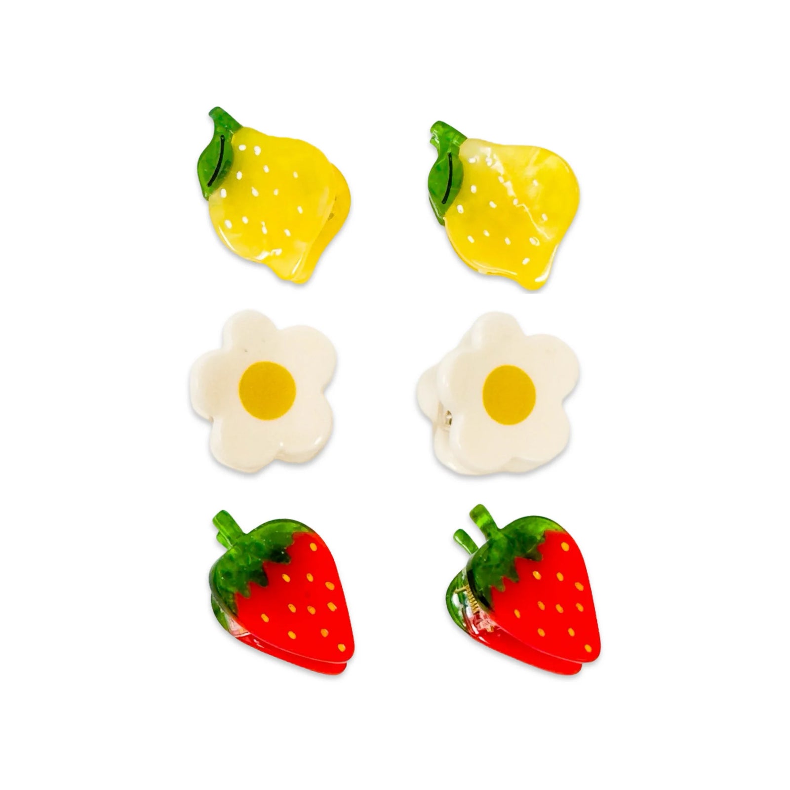 Set of fruit-shaped earrings including lemons, strawberries, and daisies on a white background.