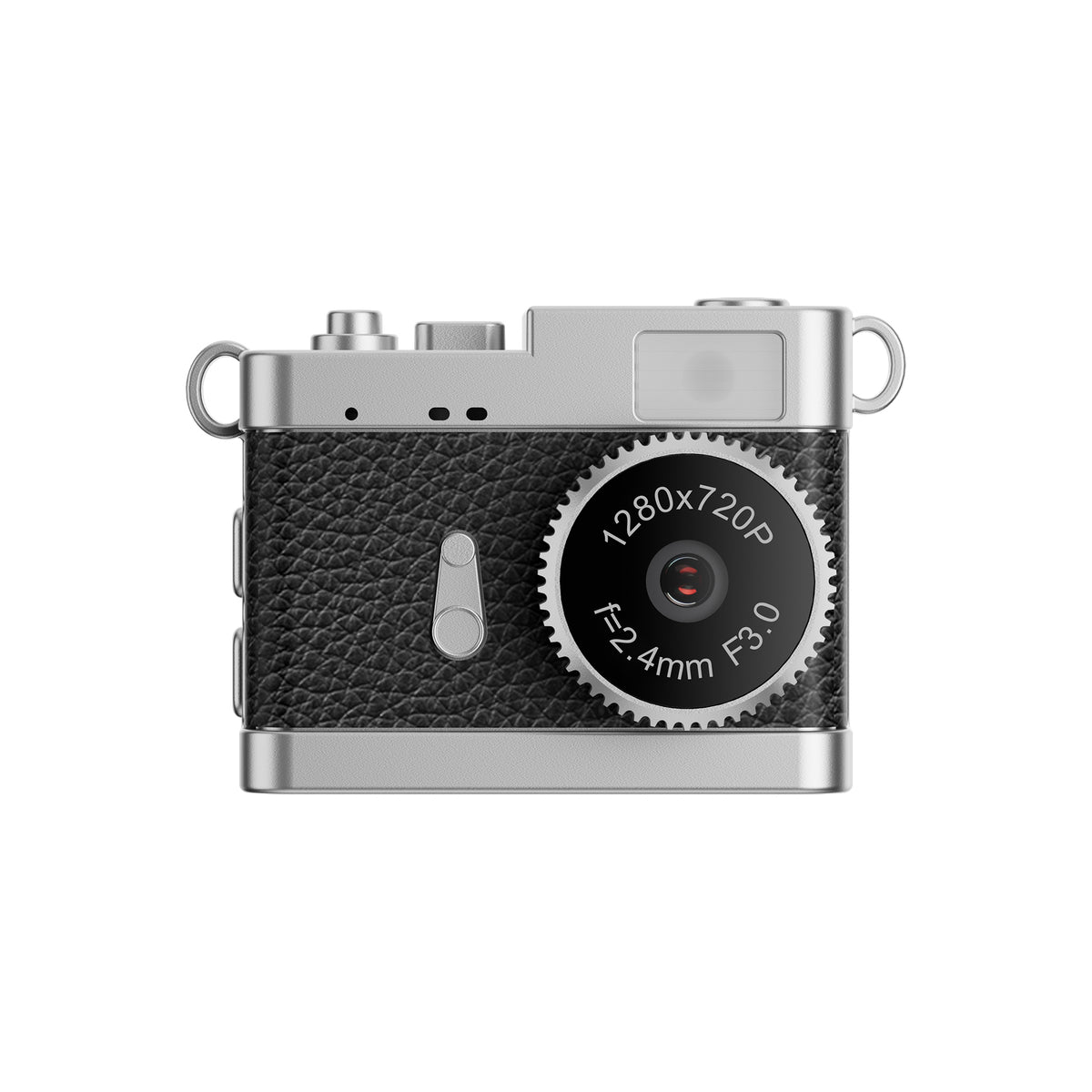 A silver and black camera with a textured black leatherette front cover, silver metal body, and a prominent black lens dial on a clean white background.