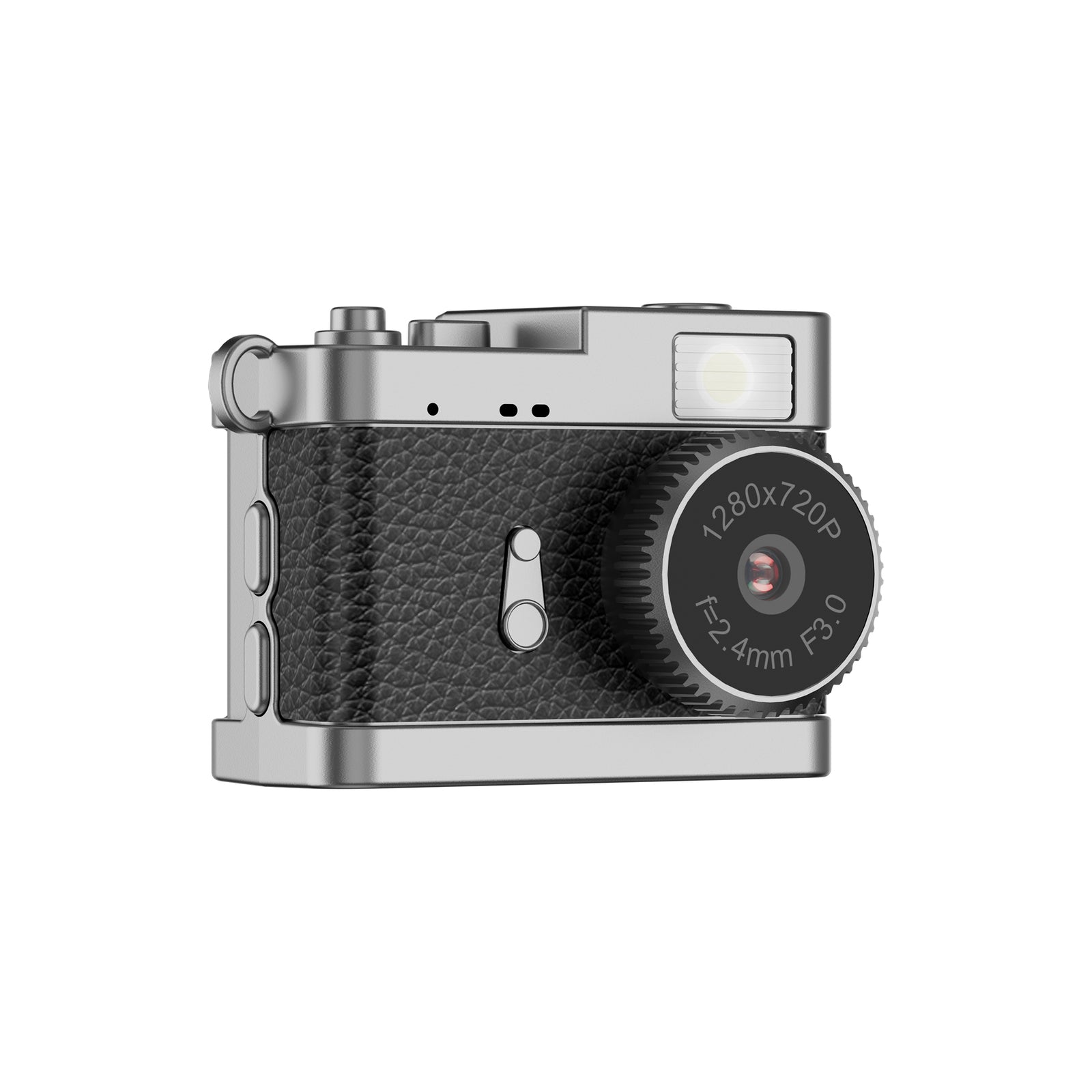 A silver and black compact camera with a textured black leatherette grip, a silver metal body, and a prominent black lens barrel, shown from a three-quarters angle on a solid white background.
