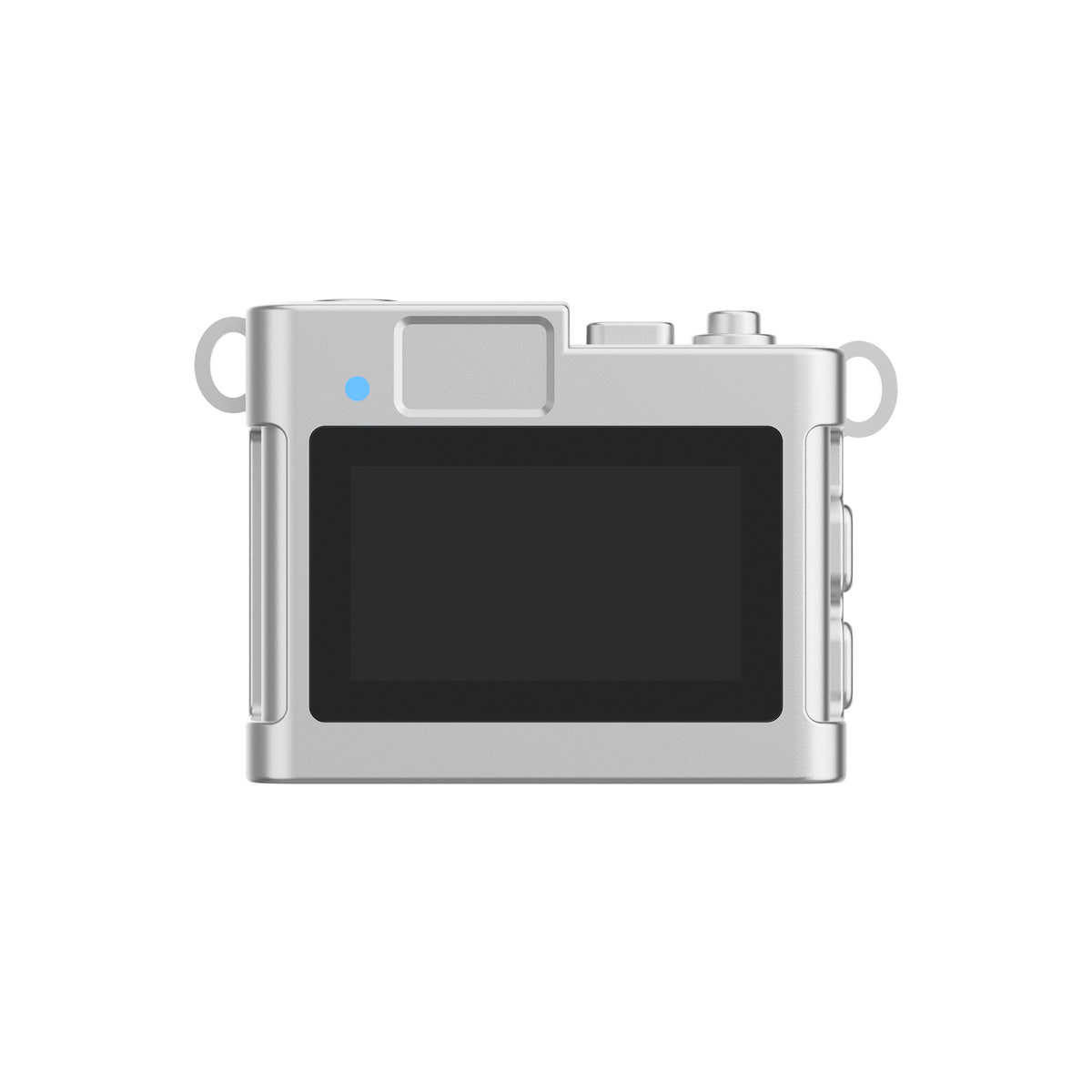 A silver digital camera shown from the back, featuring a large black LCD screen, top control buttons, side loop straps, and a small blue indicator light, isolated on a white background.