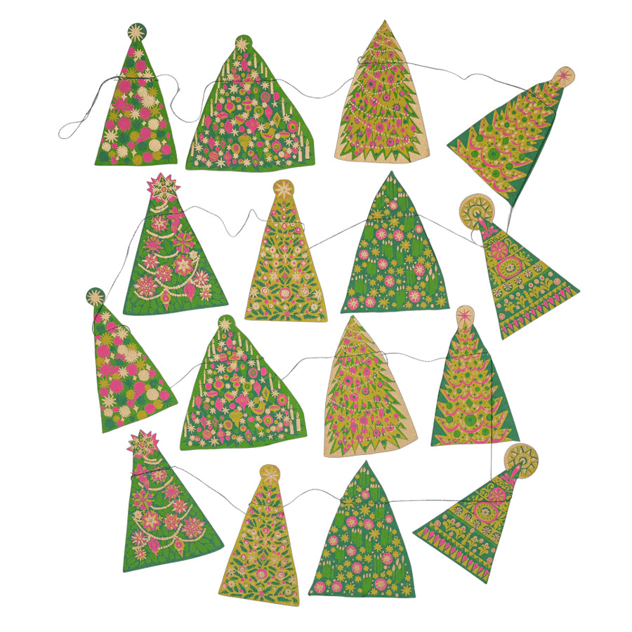 Decorative paper trees with floral patterns on a white background