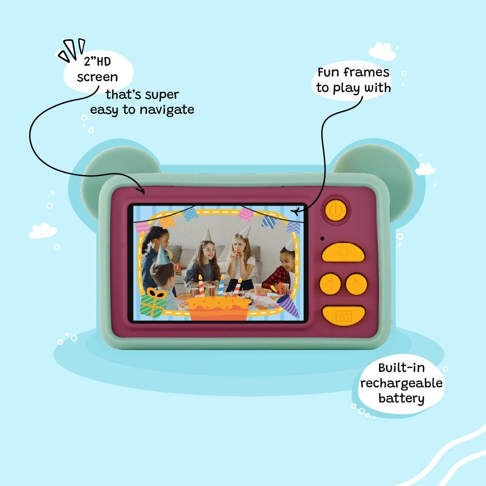 Children's camera display with features highlighted on a blue background