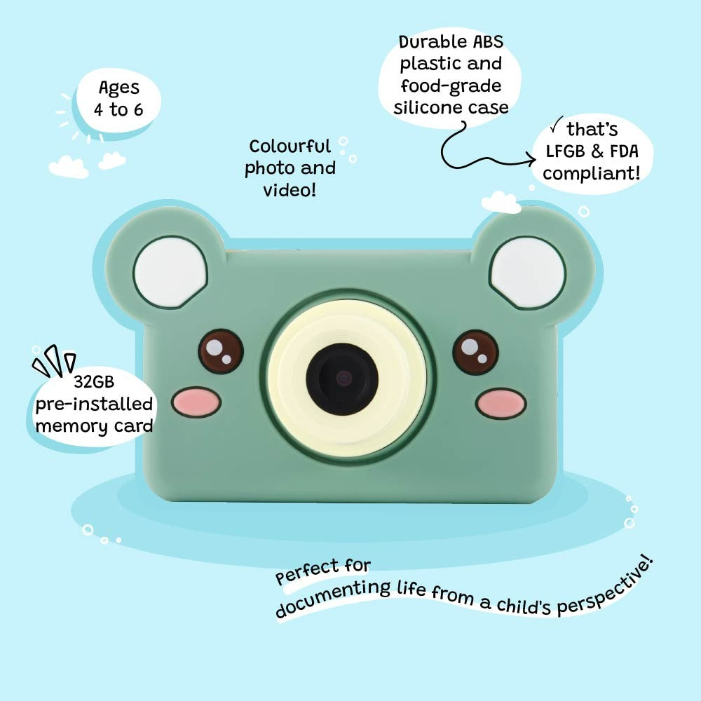 Children's camera with bear design on a light blue background