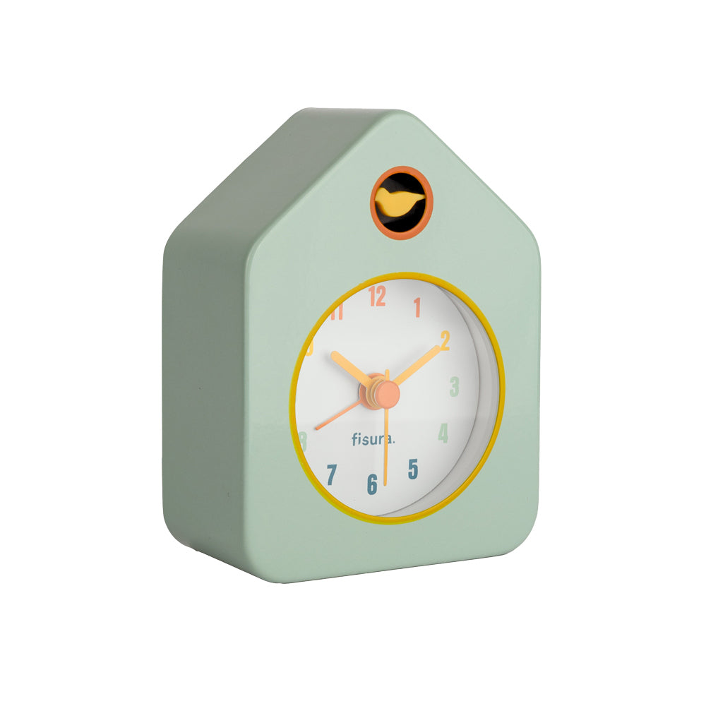 Green clock with a white face and yellow accents on a white background