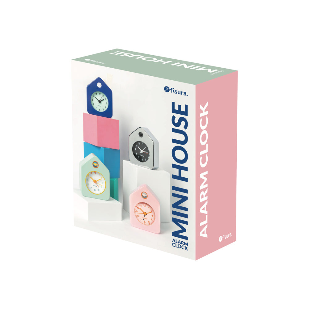 Packaging of Mini House alarm clocks with colorful design on a white background