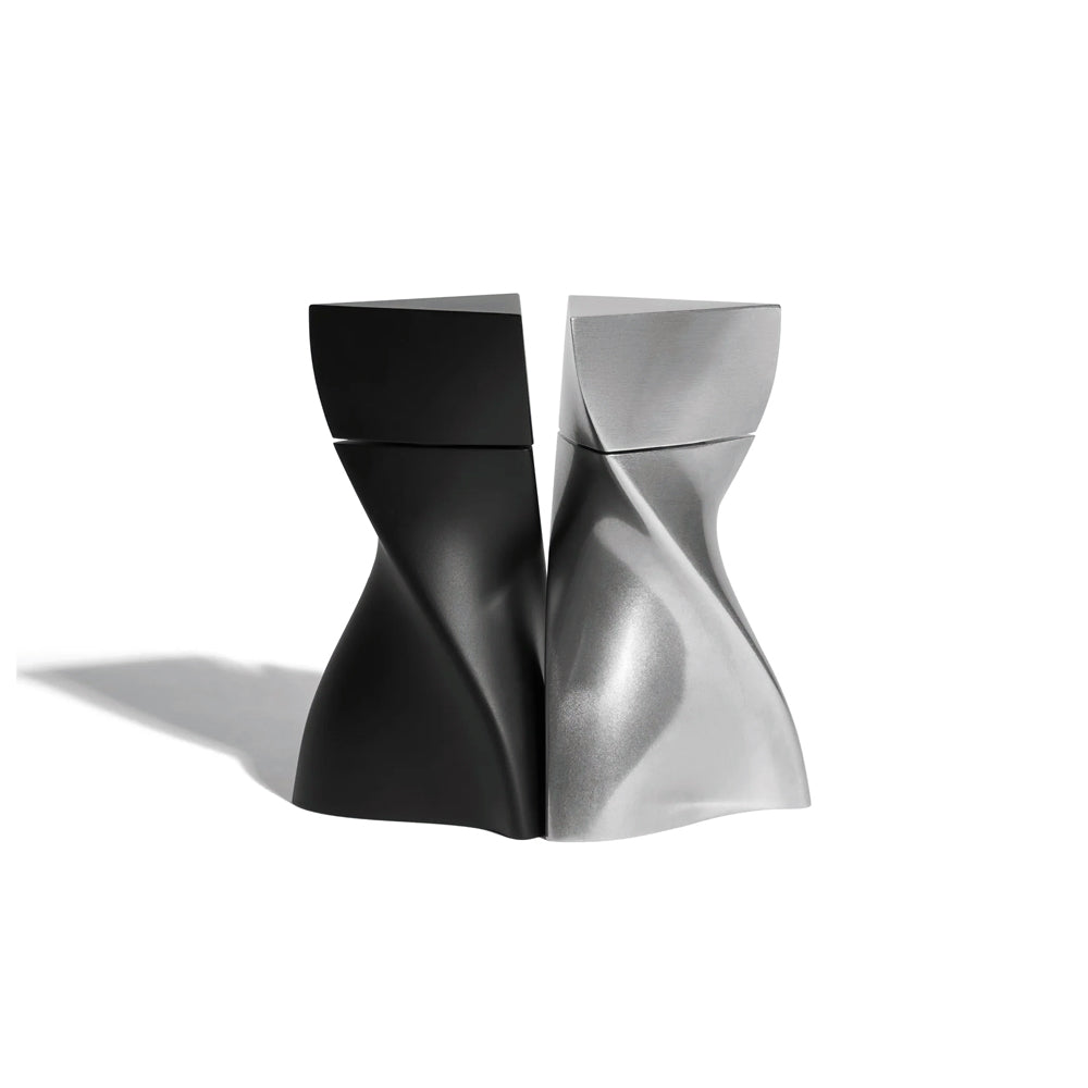 Black and silver salt and pepper shakers on a white background