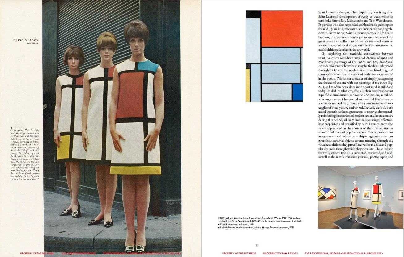 Book cover of 'Mondrian's Dress' featuring a model in a dress with geometric design.