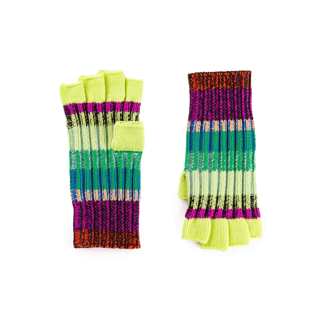 A pair of multicolor striped knit fingerless gloves on a plain white background, showing both the front and back views.