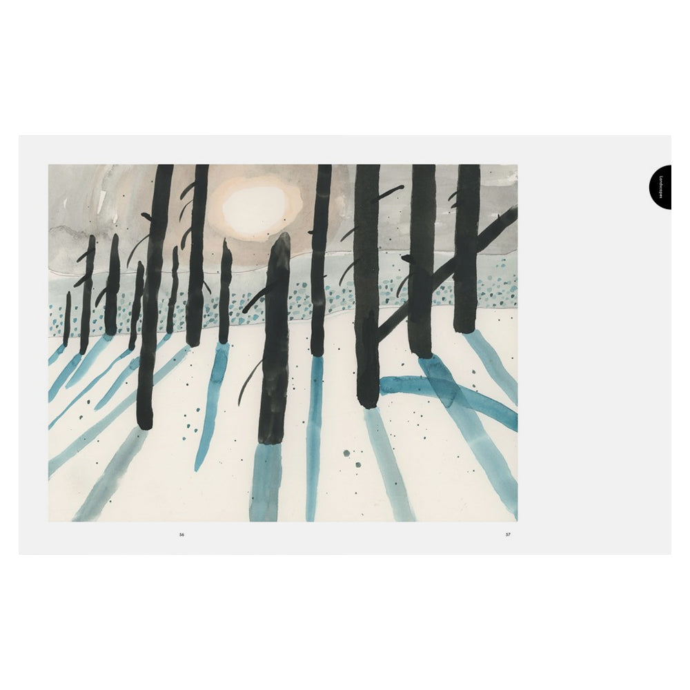 Artistic depiction of a snowy forest with black trees and blue ground.