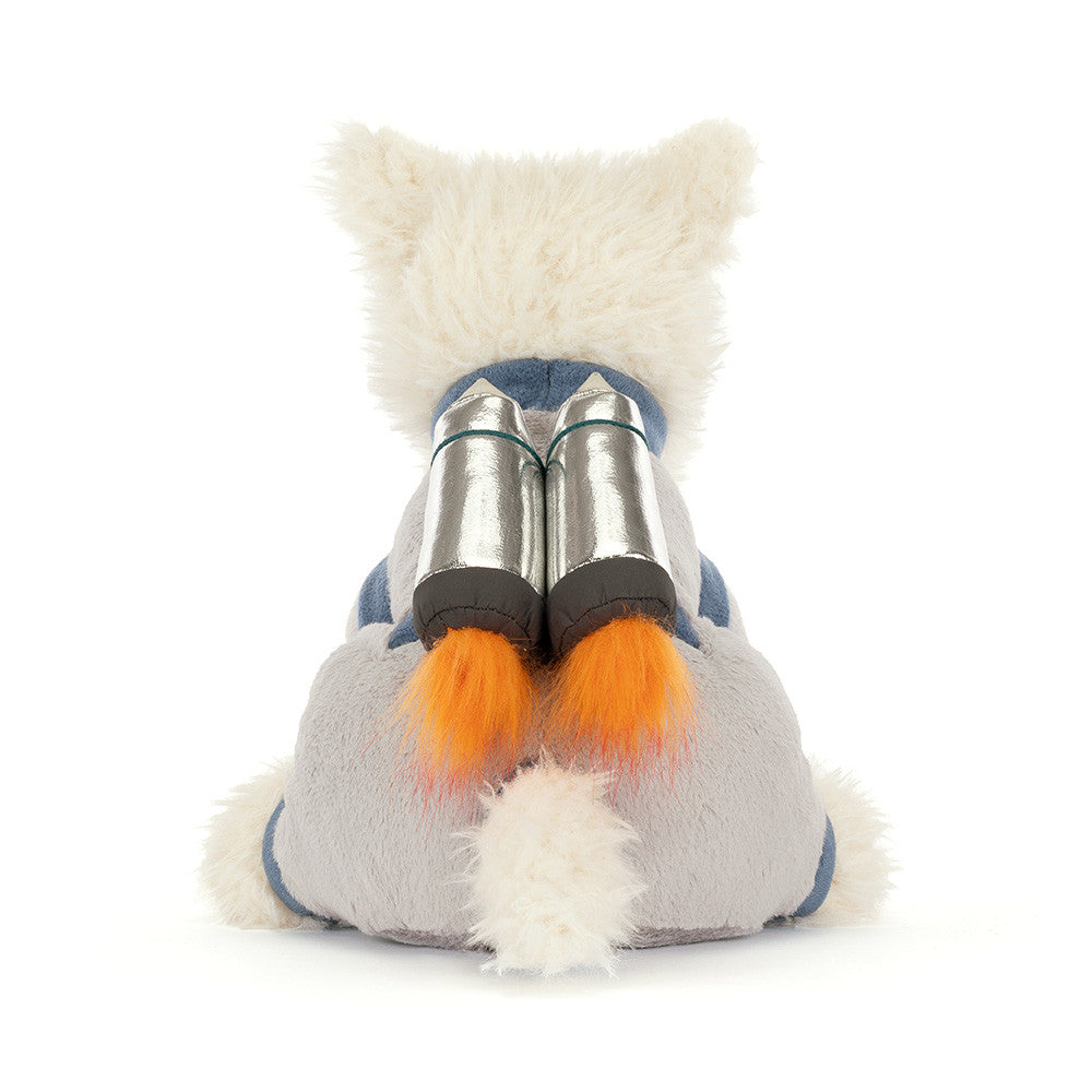 Plush dog toy with a space suit and rocket on a white background (back view)