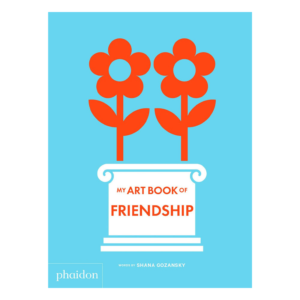 Book cover with red flowers and 'My Art Book of Friendship' text on a blue background