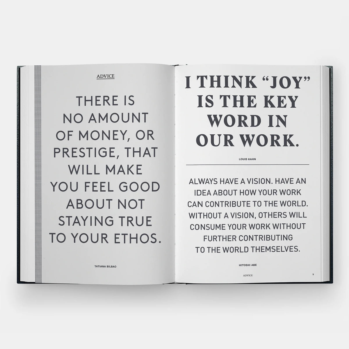 An open book showing two printed quote pages with black text on white paper, photographed against a light gray background.