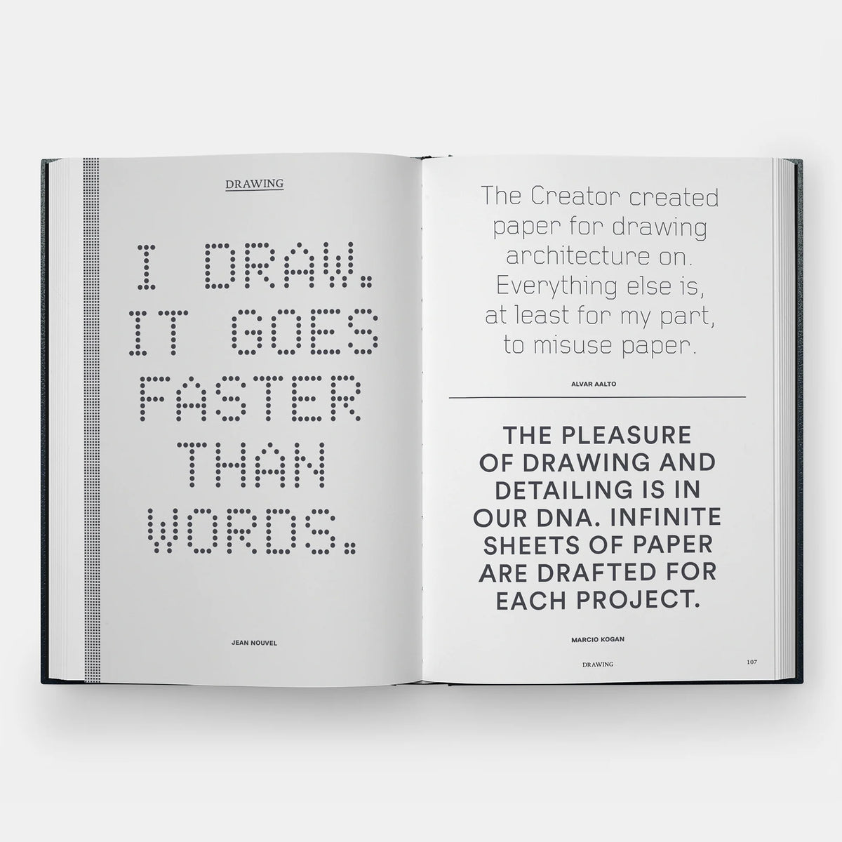An open book spread showing two printed pages with quotes from different architects, photographed against a light gray background.