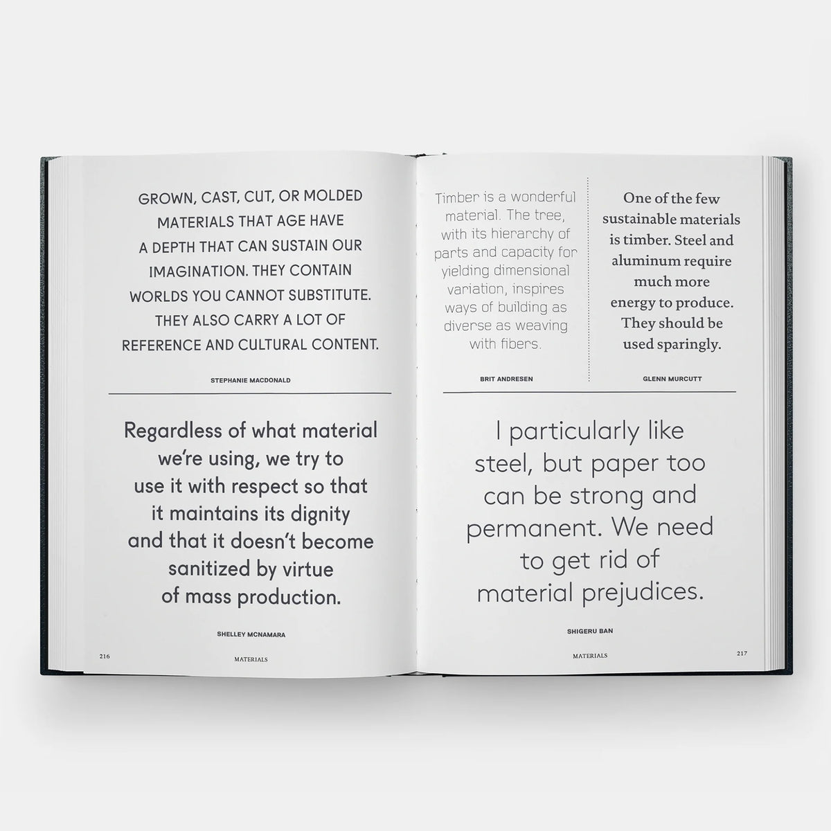 An open book spread showing two printed pages with quotes from different architects, photographed against a light gray background.