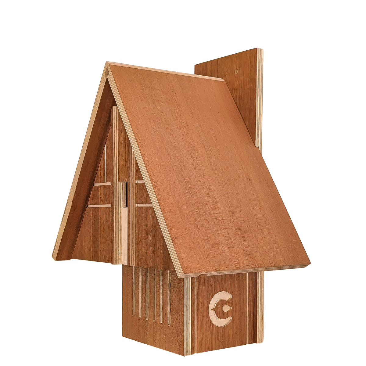 A small wooden house-shaped birdhouse or decorative wooden structure with an A-frame roof, shown on a plain white background.