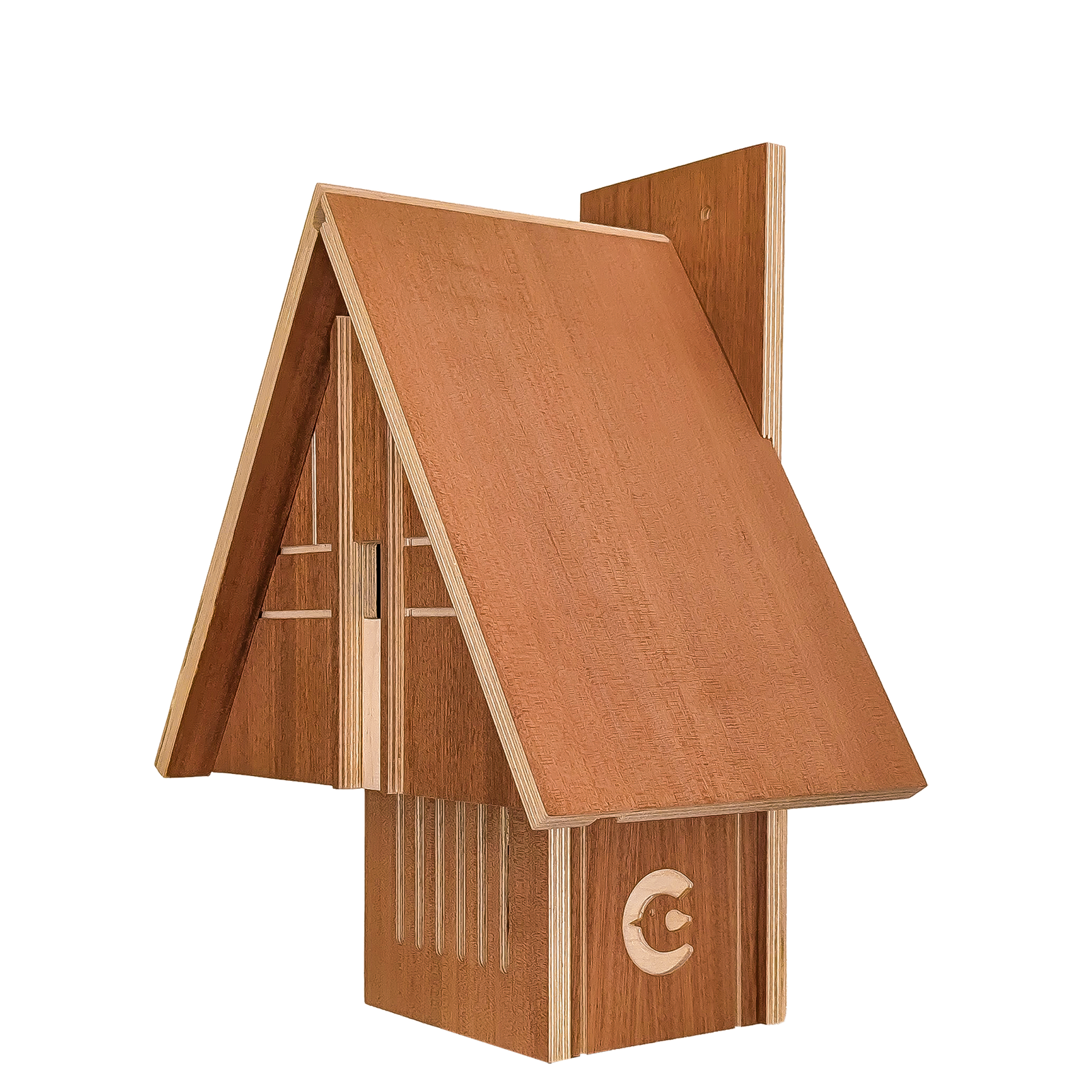 A small wooden birdhouse with a triangular A-frame roof, vertical slatted front, and a small dark window, shown on a plain white background.
