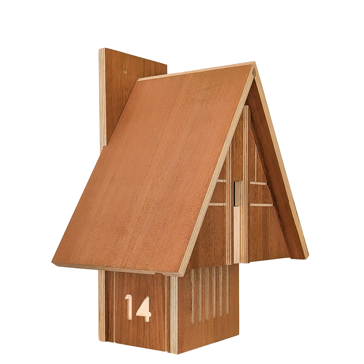 A small wooden house-shaped object with an A-frame roof, shown on a plain white background. The front panel has the number 14 printed on it.
