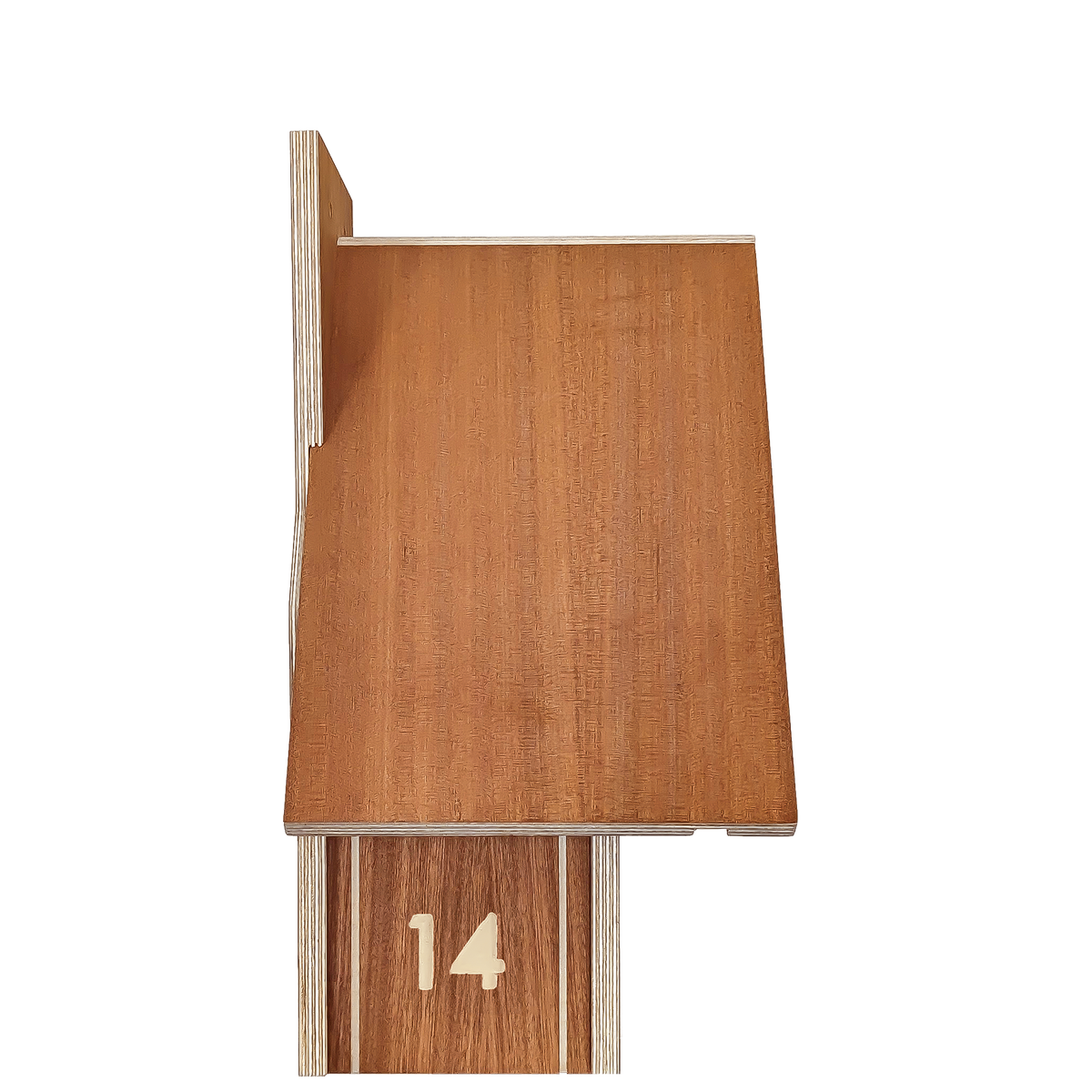 A single wooden board or panel sample shown against a plain white background, with visible wood grain and a small light-colored number 14 on the lower edge.