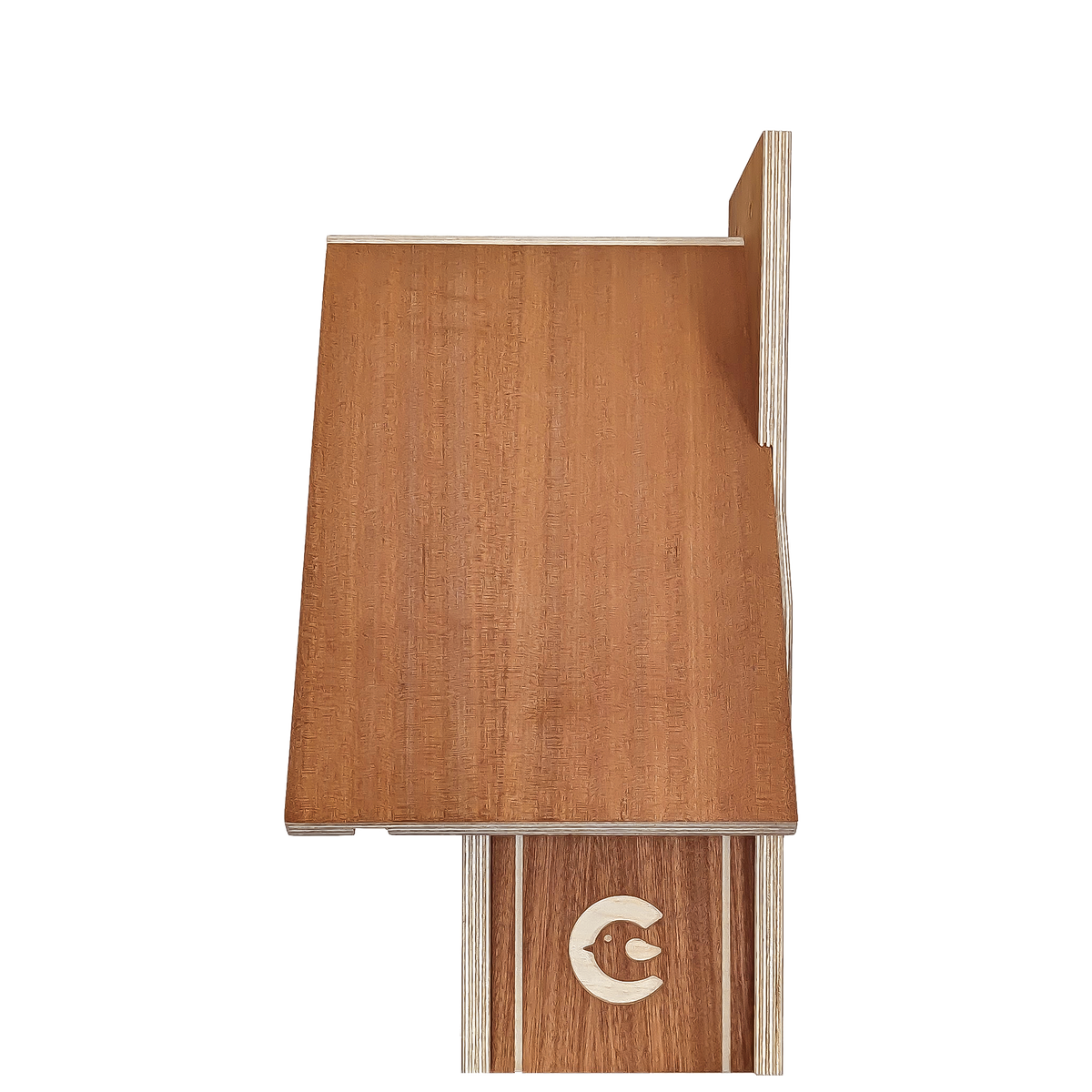 A close-up of a wood veneer panel sample with a warm medium-brown wood grain finish, showing the layered edges and a circular logo inlay on the bottom panel, isolated on a white background.