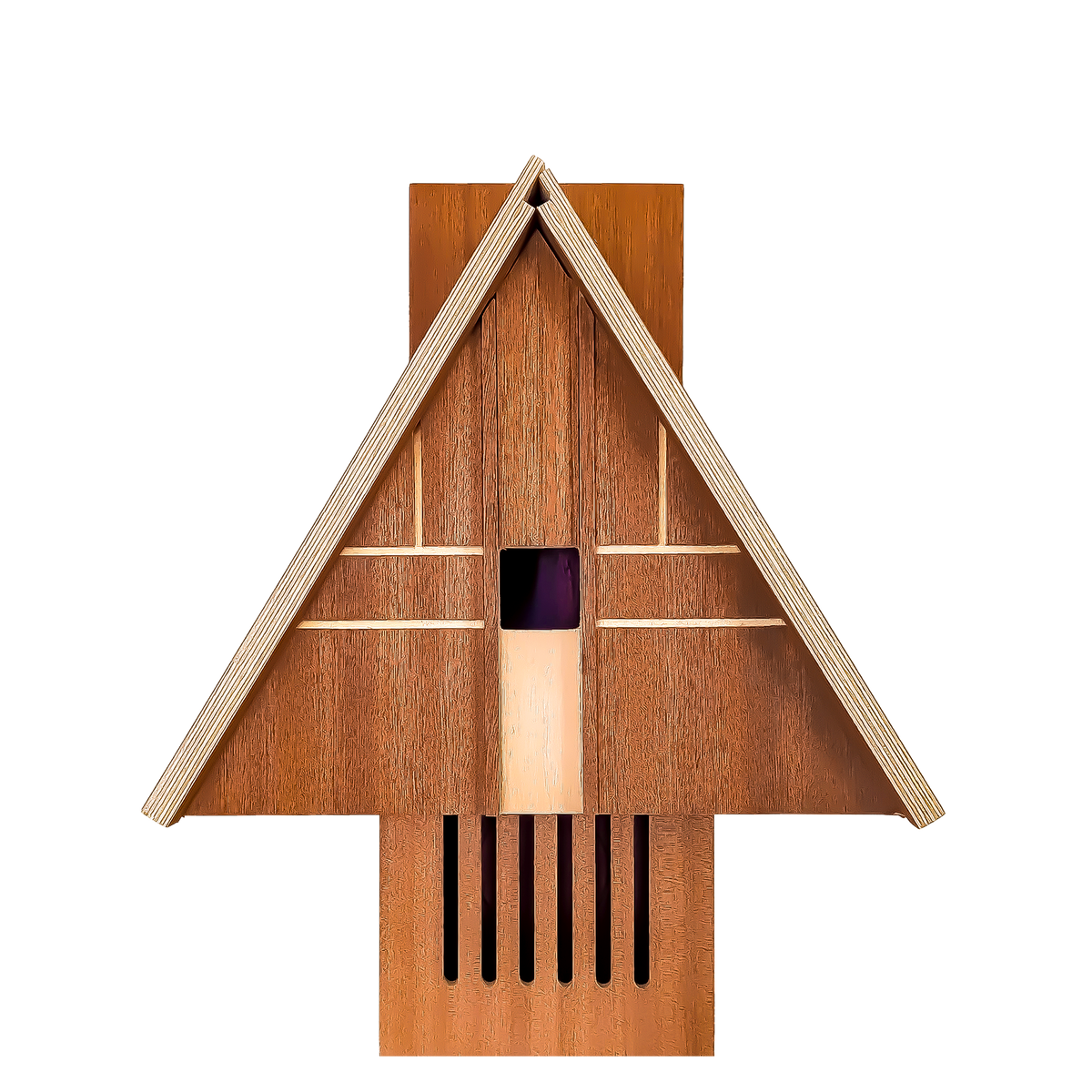 A small wooden birdhouse with a triangular A-frame roof, vertical slatted front, and a small dark window, shown on a plain white background.