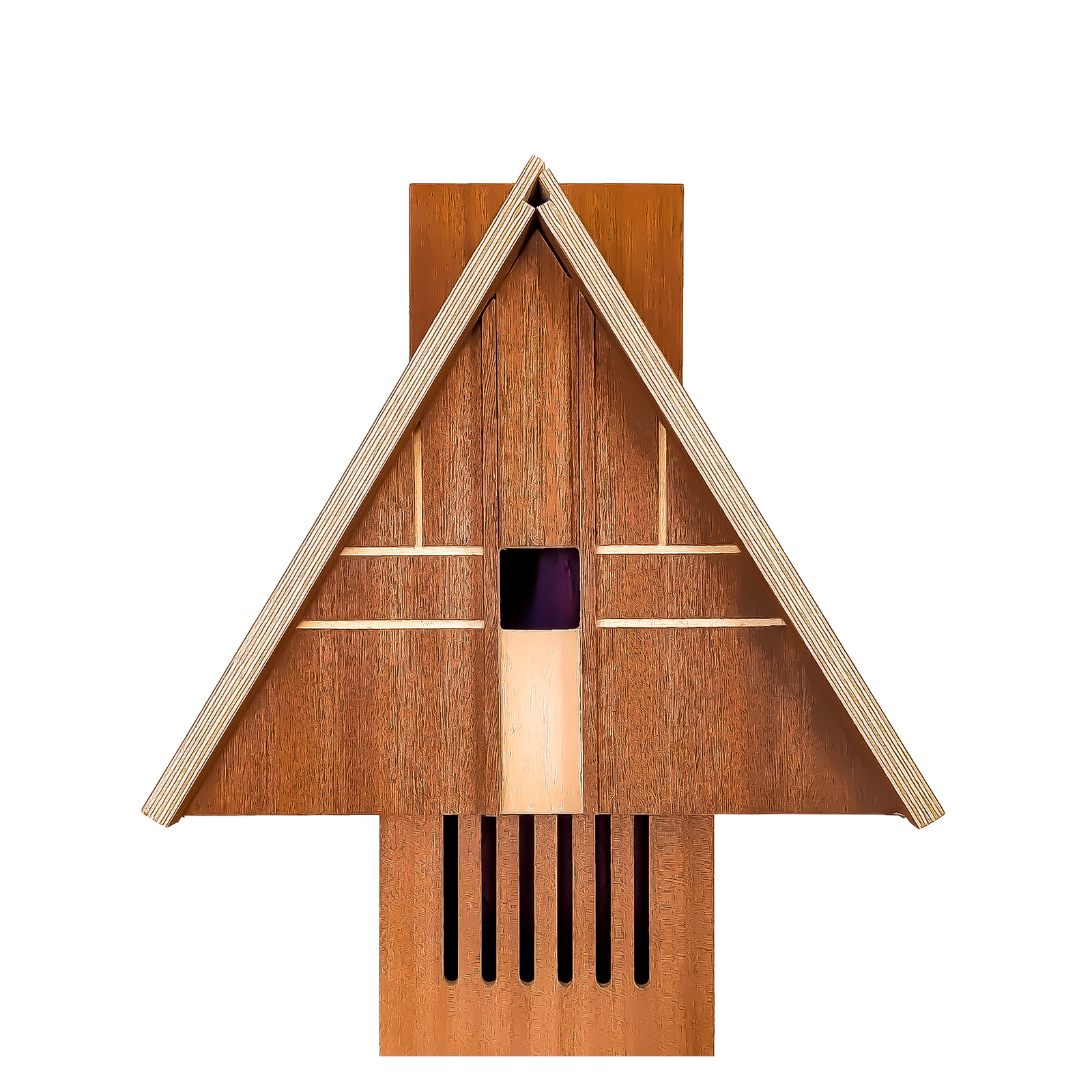 A small wooden birdhouse with a triangular A-frame roof, vertical slatted front, and a small dark window, shown on a plain white background.