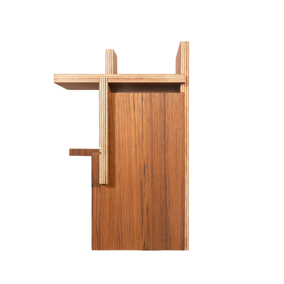 A modern wooden wall-mounted coat rack with a warm medium-brown wood grain finish, featuring a vertical panel and three open shelf compartments, shown against a plain white background.