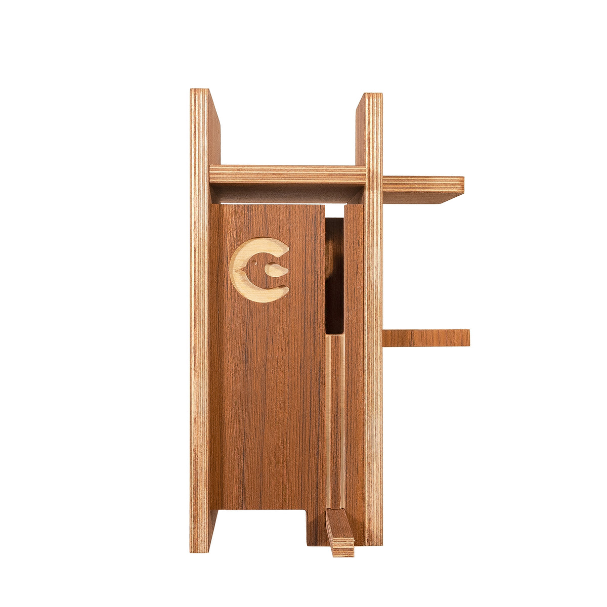 A wooden bird feeder with a natural wood grain finish, featuring a circular cutout on the front panel and a small horizontal perch on the right side, shown against a plain white background.