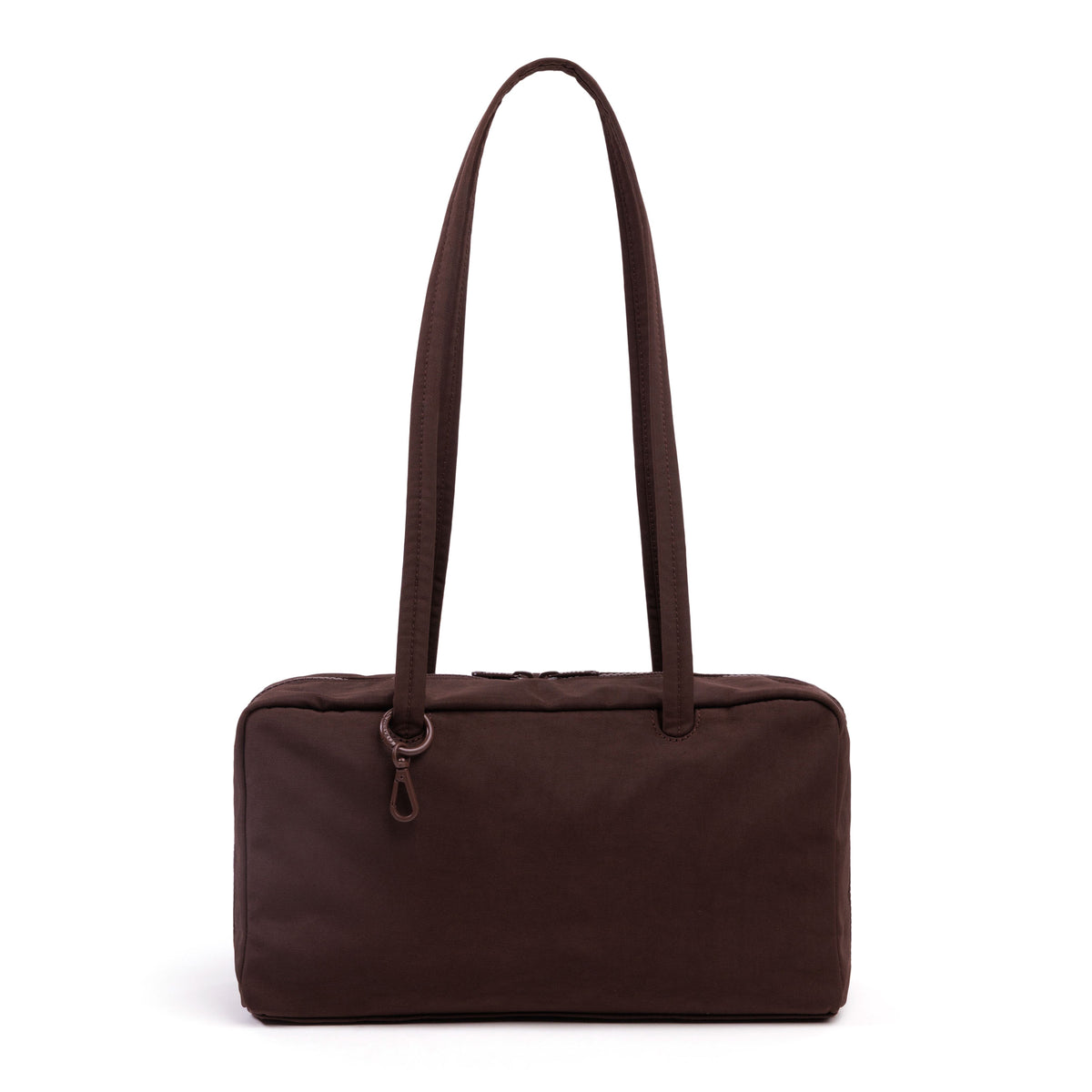 Brown handbag with a long strap on a white background