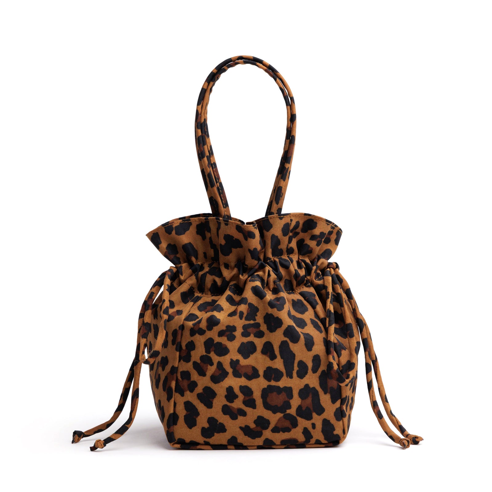 Leopard print drawstring bag on a white background