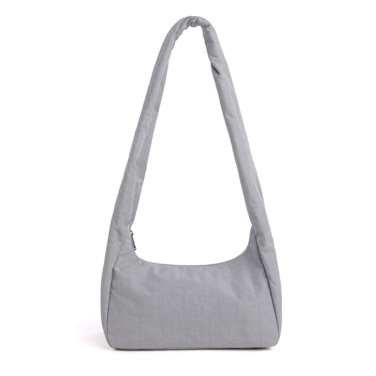 A light gray fabric shoulder bag with a single long strap, shown against a plain white background.