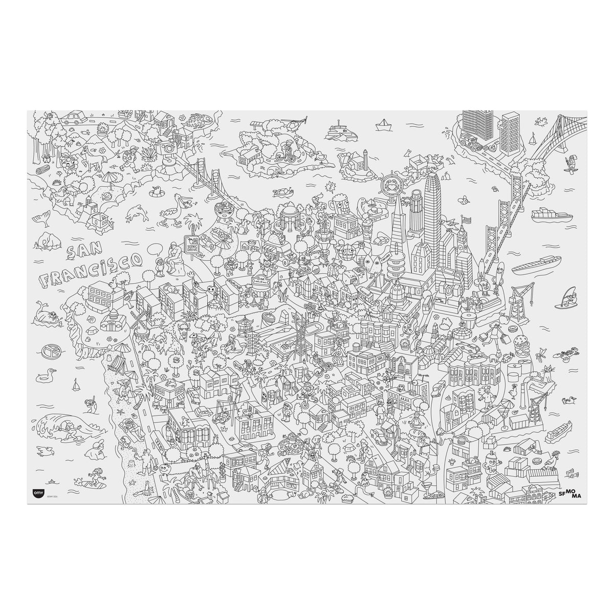 A black and white illustrated city map poster of San Francisco, featuring detailed line drawings of landmarks, boats, and street details on a white background.