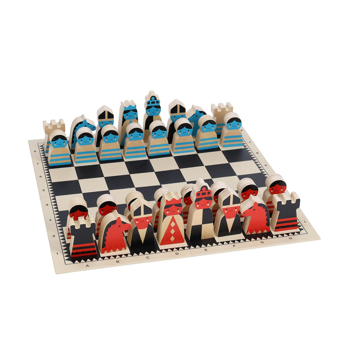 Wooden chess set with colorful pieces on a checkered board