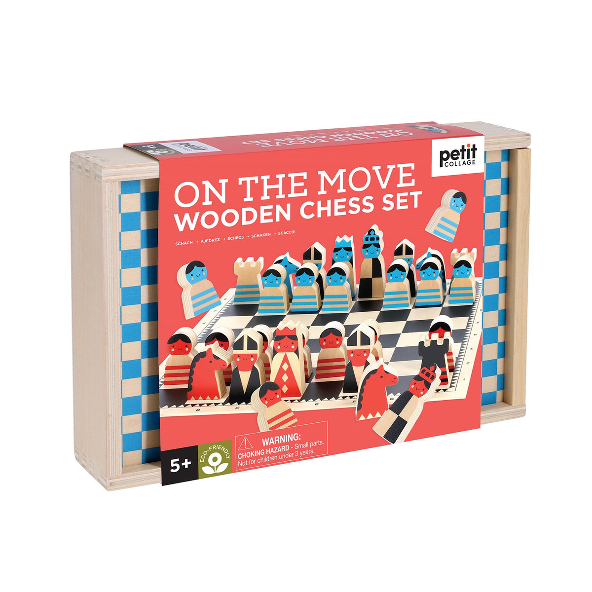 Wooden chess set packaging with colorful chess pieces on a white background