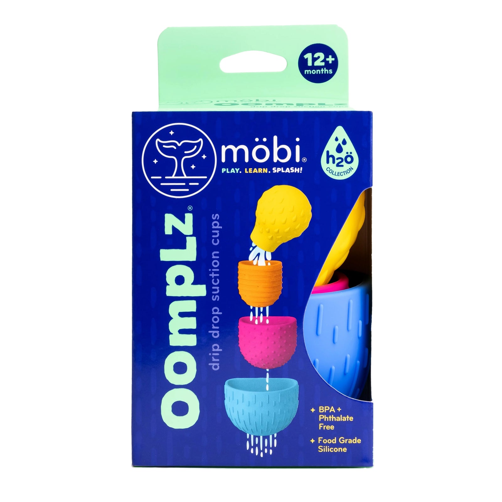 Oomplz packaging with colorful suction cups and Mobi branding on a white background