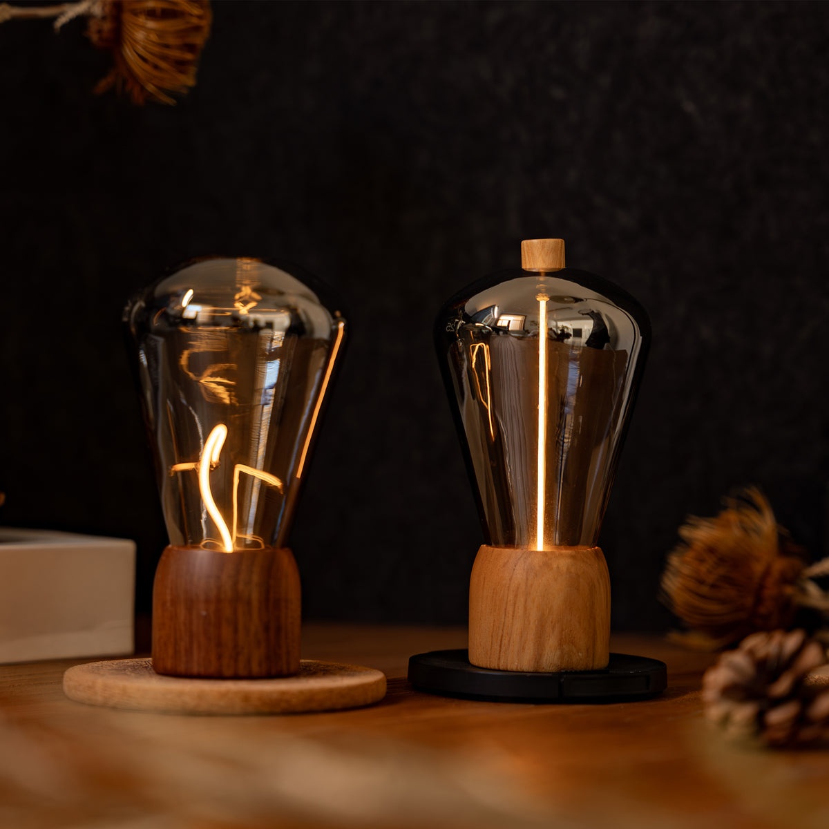 Two vintage-style light bulbs on wooden bases with a dark background