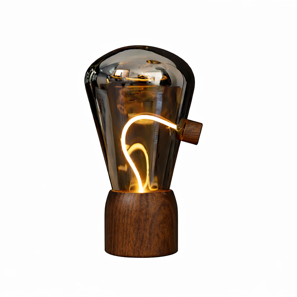 Decorative light bulb with wooden base on a white background