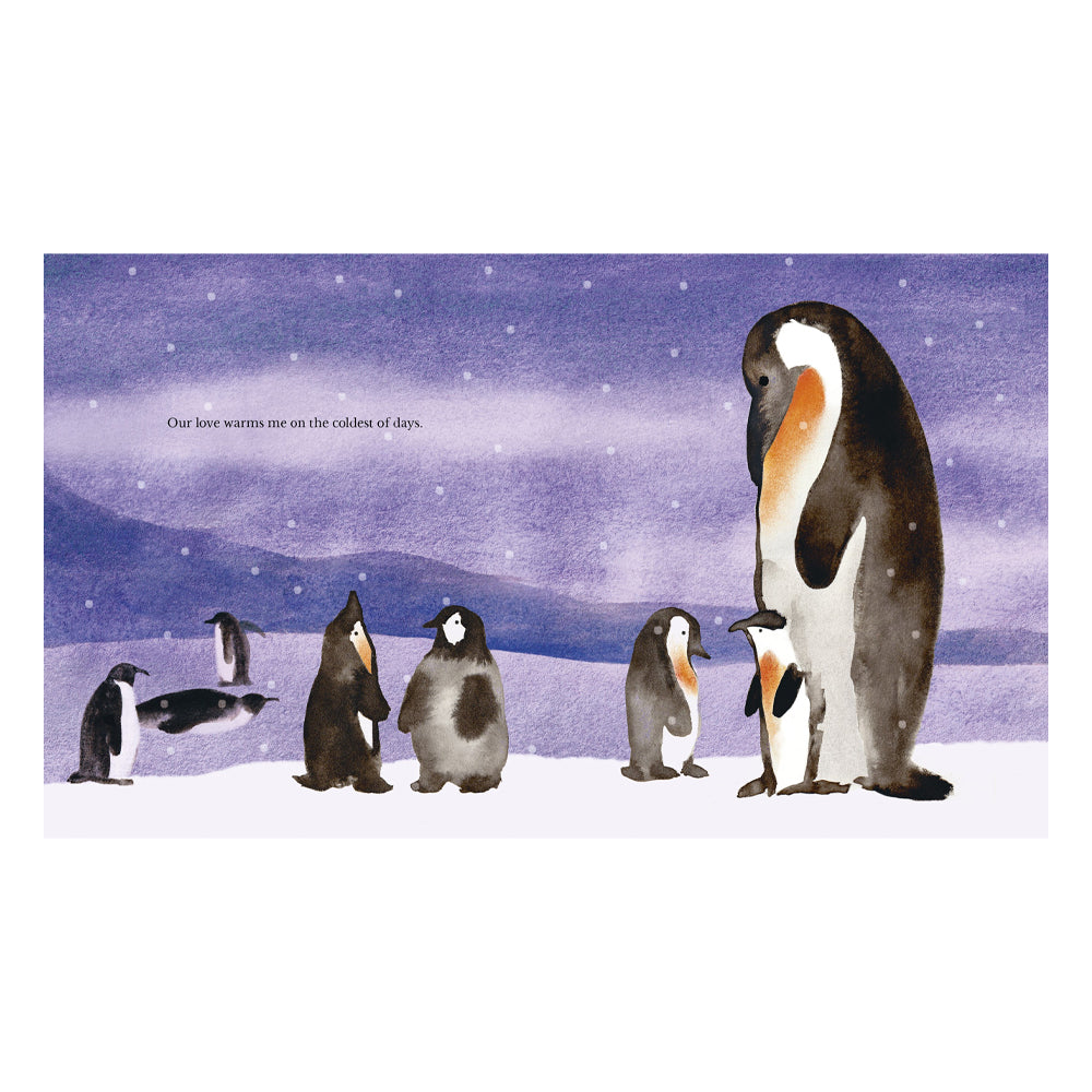 Illustration of penguins on a snowy landscape with a purple sky.