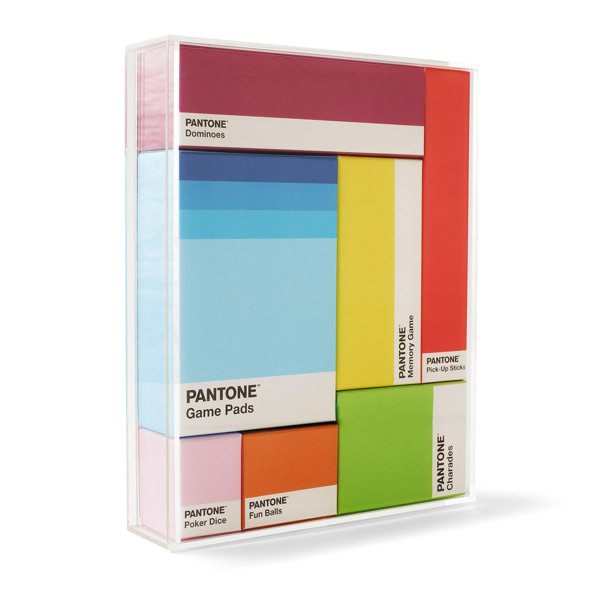 PANTONE Game set in a clear plastic case, featuring multiple colorful square game pads including pink, blue, yellow, red, green, orange, and white.