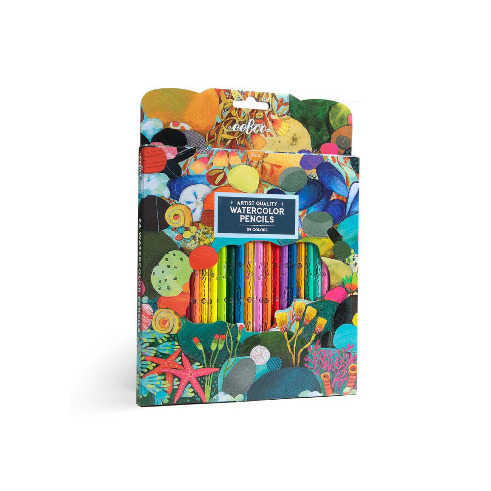 Front view of the Tidepool Artist Quality Watercolor Pencils packaging, featuring a colorful design with branding and product details.