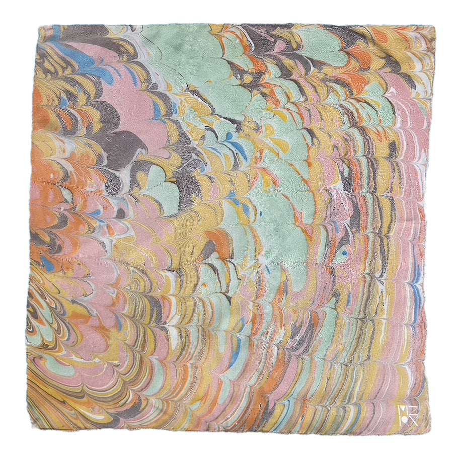 A square scarf featuring a marbled, fluid art pattern with swirling waves of pastel pink, mint green, orange, yellow, blue, and gray on a white background.