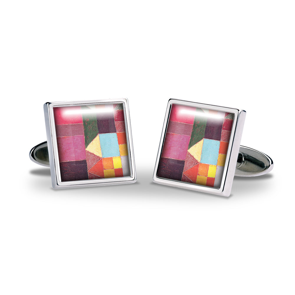 Pair of square cufflinks with colorful geometric pattern on a white background
