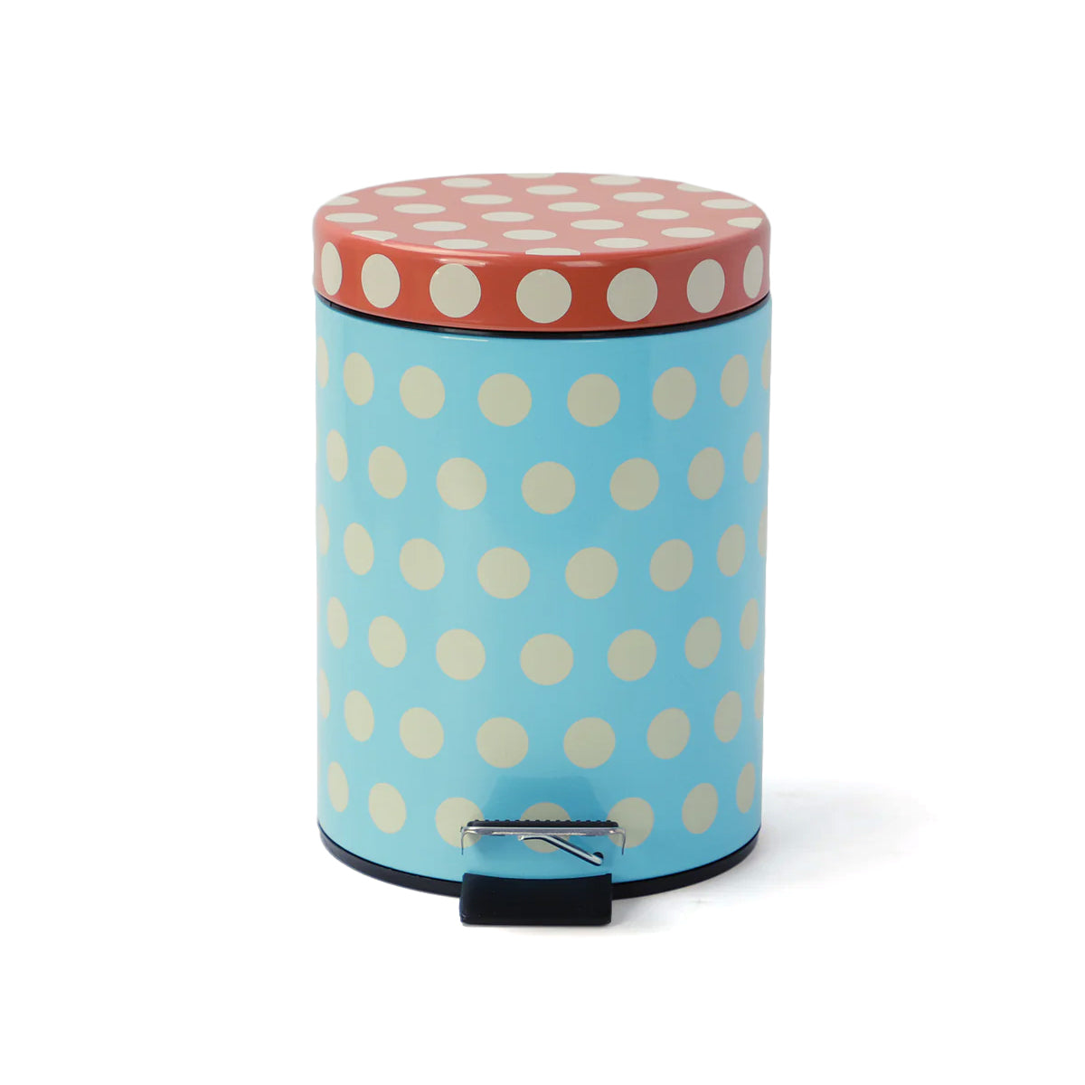 Round trash bin with polka dot design on a white background