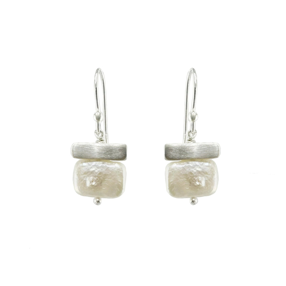 Pearl Rectangle with Silver Bar Earrings