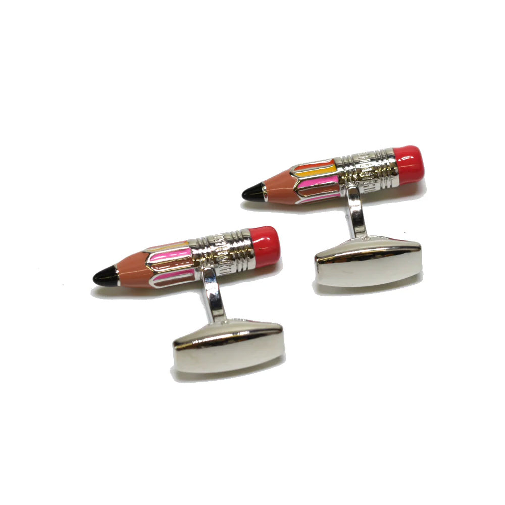 Cufflinks designed like pencils on a white background