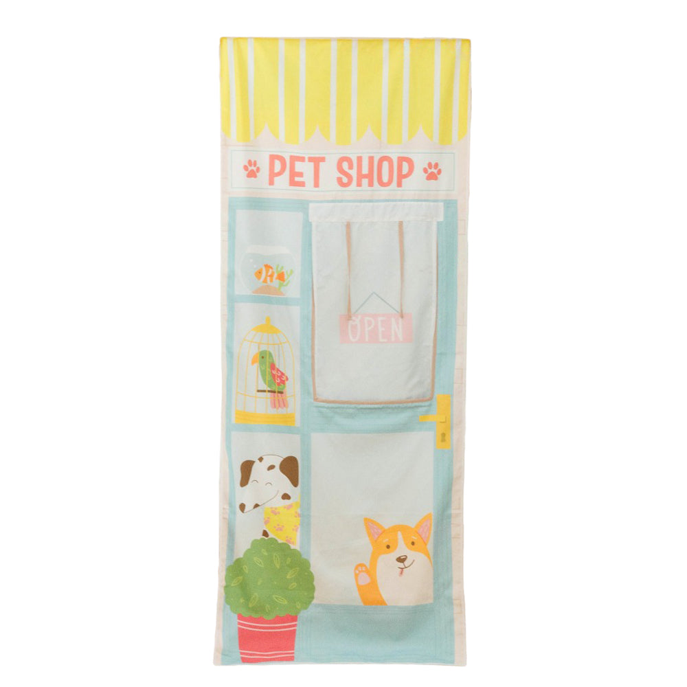 Decorative door hanging with cartoon animals and 'Pet Shop' text on a white background